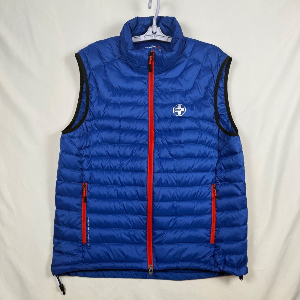 RLX Ralph Lauren Mens XL Blue Down Feather Quilted Puffer Vest Red Zip RN 41381